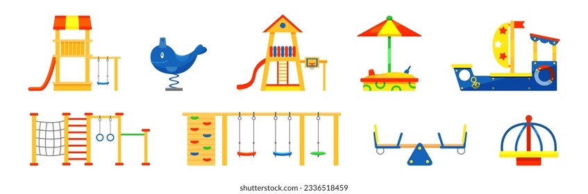 Equipo colorido de recreo y conjunto de vectores de construcción