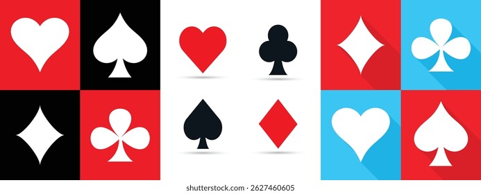 Colorful Playing Card Suits Icons Flat Set. Playing Card Suits spade, diamond, heart and club icons.