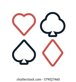 Colorful playing cards outline symbols set on white background.