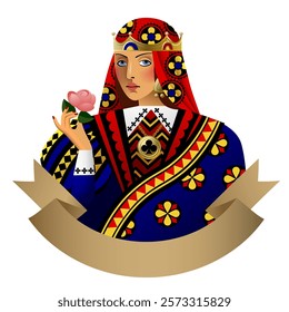 Colorful playing cards Queen with a rose in hand and retro ribbon banner isolated on white. Vector illustration