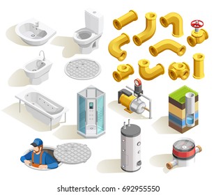 Colorful plumber isometric icons set with toilet bath shower sink heater and pipeline isolated on white background vector illustration