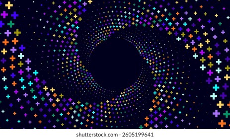 Colorful plus signs forming a swirling spiral pattern around a dark center.