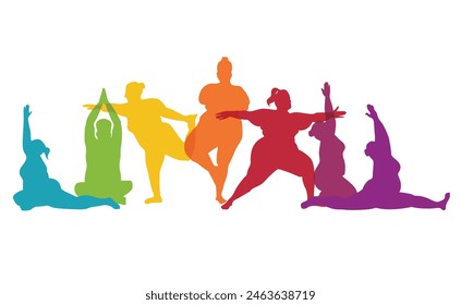 Colorful plus size curvy people performing yoga. Fitness, wellness, spiritual healing, meditation vector illustration silhouettes isolated on white background