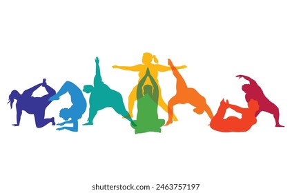 Colorful Plus Size Curvy People Performing Yoga V2. Gymnastics, fitness, wellness, spiritual healing, meditation vector illustration silhouettes isolated on white background.