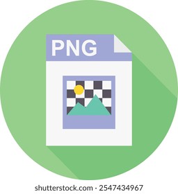 A colorful PNG file icon featuring a photo thumbnail, set against a fresh green circle, perfect for digital media and graphic design themes.