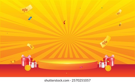 Colorful podium with comic background Flaying Vouchers under gift box with confetti for e-commerce business