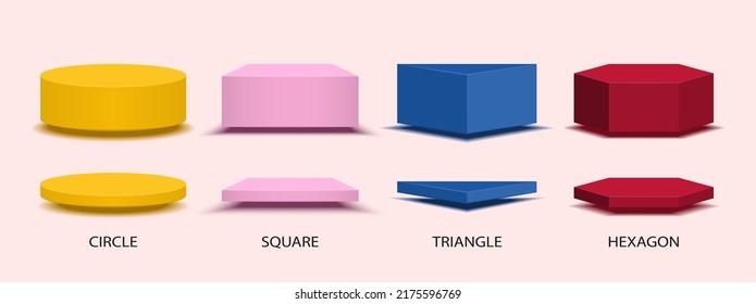 Conjunto de formas geométricas de podios coloridos. Colección de Círculo, Cuadrados, Triángulo y pedestal Hexagon para la presentación de productos, decorativa. Ilustraciones vectoriales.