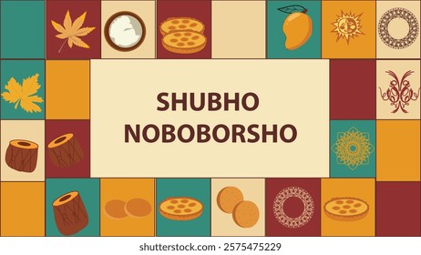 A colorful Pohela Boishakh (Bengali New Year) greeting with "Shubho Noboborsho" text surrounded by traditional symbols like mango, sweets, and natural elements, celebrating the Bengali culture