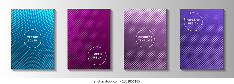 Colorful point perforated halftone cover page templates vector kit. Industrial banner faded halftone backdrops. Vintage comics style cover leaflets. Round pixels.
