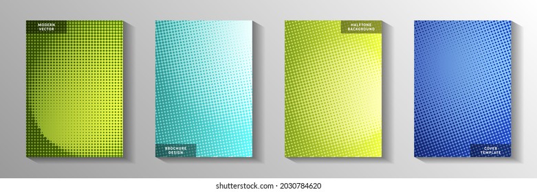 Colorful point perforated halftone front page templates vector set. Urban brochure faded halftone backgrounds. Vintage manga comics style title page leaflets. Line art design.