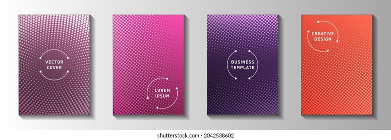 Colorful point perforated halftone title page templates vector series. Digital poster faded halftone backdrops. Retro cartoon comics style cover page leaflets. Gradient design.