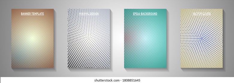 Colorful point screen tone gradation title page templates vector kit. School flyer faded screen tone backdrops. Retro cartoon comics style front page layouts. Distressed prints.
