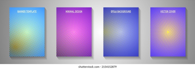 Colorful point screen tone gradation cover templates vector series. Digital notebook faded screen tone backdrops. Retro comics style cover page leaflets. Distressed prints.