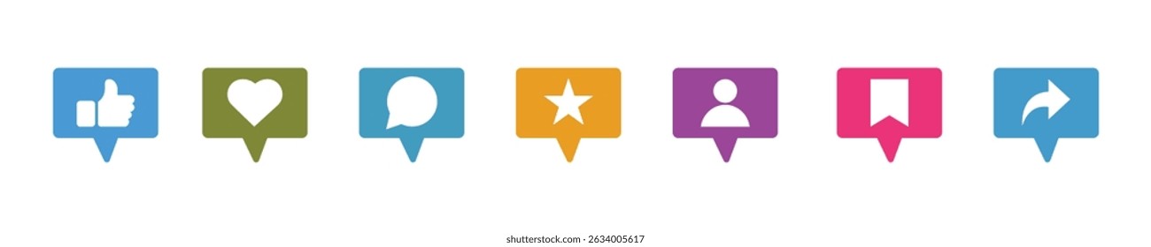 Colorful pointed speech bubble icons for social media actions including like, love, comment, favorite, profile, save, and share, ideal for app interfaces, web platforms, and digital UI design