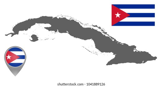 Colorful pointer, flag and grey blank map of Cuba. High detail. Vector illustration