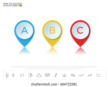 Colorful pointer infographics template with icons and elements. Can be used for workflow layout, diagram web design, infographics. Vector Illustration