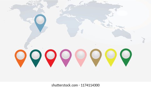 Colorful pointers on world map. vector illustration