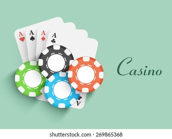 Colorful poker chips with ace playing cards for Casino.