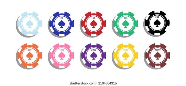 Colorful Poker Chips Color Vector Icons Collection. Isolated Casino Chip And Token With Dollar Amount