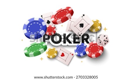 Colorful poker chips, playing cards, and dice in dynamic casino scene