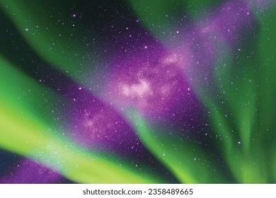 Colorful polar lights. Purple green aurora borealis. Night starry sky