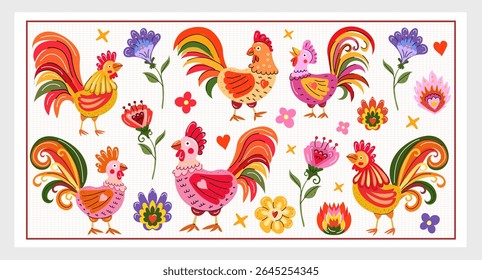 Colorful Polish folk roosters and flowers bright vector illustration in traditional style perfect for prints cards fabric packaging and home decor