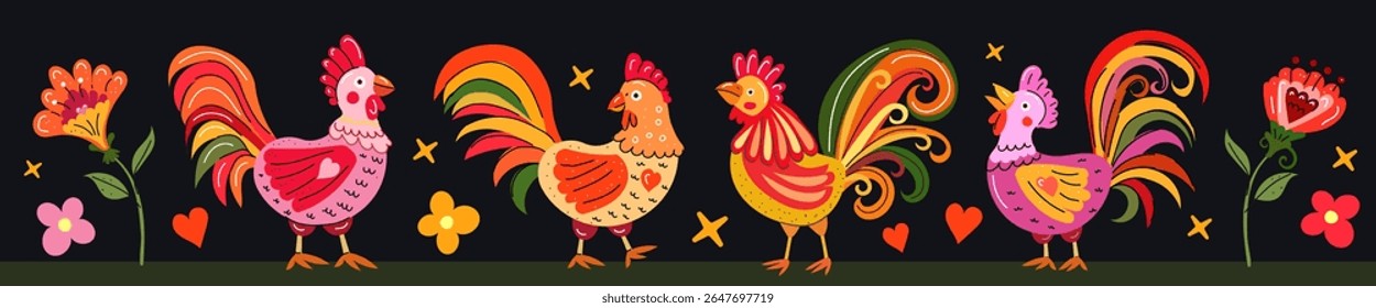 Colorful Polish folk roosters and flowers bright vector illustration in traditional style perfect for prints cards fabric packaging and home decor