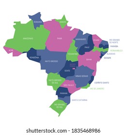 Colorful political map of Brazil. Administrative divisions - states. Simple flat vector map with labels.