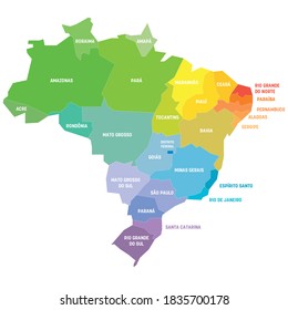 Colorful political map of Brazil. Administrative divisions - states. Simple flat vector map with labels.