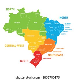 Farbige politische Landkarte Brasiliens. Staaten teilen sich nach Farbe in 5 Regionen . Einfache flache Vektorkarte mit Etiketten.