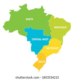 Colorful political map of Brazil. States divide by color into 5 regions . Simple flat vector map with labels.