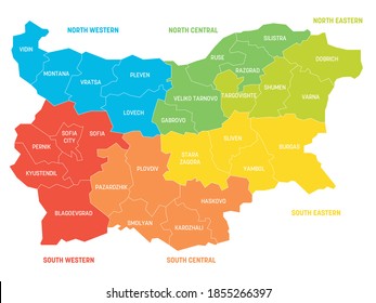 Colorful political map of Bulgaria. Administrative divisions - provinces - divided by color into regions. Simple flat vector map with labels.