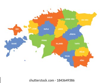 Colorido mapa político de Estonia. Divisiones administrativas - condados. Mapa simple de vector plano con etiquetas.