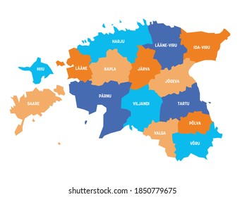 Colorido mapa político de Estonia. Divisiones administrativas - condados. Mapa simple de vector plano con etiquetas.