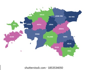 Colorido mapa político de Estonia. Divisiones administrativas - condados. Mapa simple de vector plano con etiquetas.