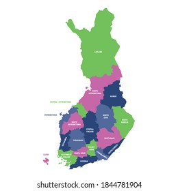 Colorful political map of Finland. Administrative divisions - regions. Simple flat vector map with labels.