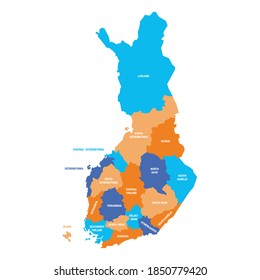 Colorido mapa político de Finlandia. Divisiones administrativas - regiones. Mapa simple de vector plano con etiquetas.