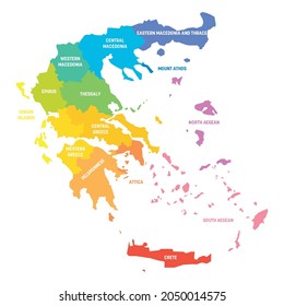 Colorful political map of Greece. Administrative divisions - decentralized administrations. Simple flat vector map with labels.