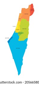 Colorful political map of Israel. Administrative divisions - districts and three special territories - Gaza Strip, West Bank and Golan Heights. Simple flat vector map with labels.