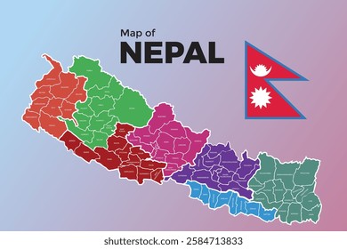 A colorful political map of Nepal showing its provinces and districts, labeled with names. The design includes Nepal's national flag on a gradient background, making it a useful visual for geography.