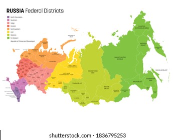 Colorful political map of Russia, or Russian Federation. Federal subjects - republics, krays, oblasts, cities of federal significance, autonomous oblasts and autonomous okrugs, divided by color into