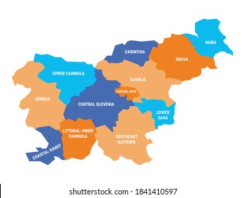 Colorful political map of Slovenia. Administrative divisions - statistical regions. Simple flat vector map with labels.