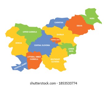 Colorful political map of Slovenia. Administrative divisions - statistical regions. Simple flat vector map with labels.