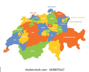 Colorful political map of Switzerland. Administrative divisions - cantons. Simple flat vector map with labels.