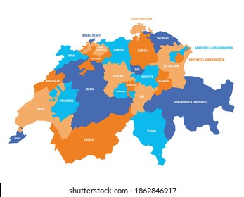 Colorful political map of Switzerland. Administrative divisions - cantons. Simple flat vector map with labels.