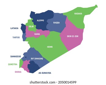 Colorful political map of Syria. Administrative divisions - governorates. Simple flat vector map with labels.