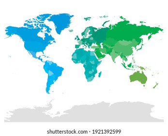 Colorful political map of World. Different colour shade of each continent. Blank map without labels. Simple flat vector map.