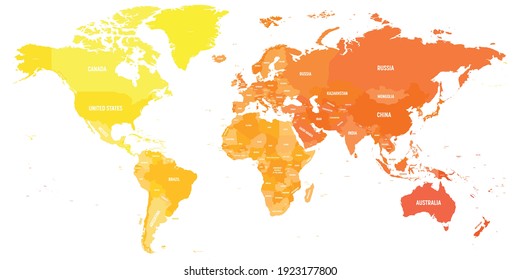 Colorido mapa político del mundo. Tonos diferentes de cada continente. Con etiquetas de nombre de país. Mapa simple de vector plano.