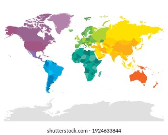 Colorful political map of World. Different colour shade of each continent. Blank map without labels. Simple flat vector map.
