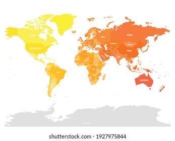 Colorful political map of World. Different colour shade of each continent. With country name labels. Simple flat vector map.